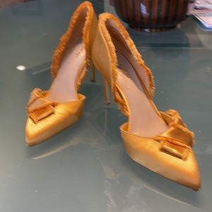 Marigold or Mustard color silk evening shoes with tailored bow detail